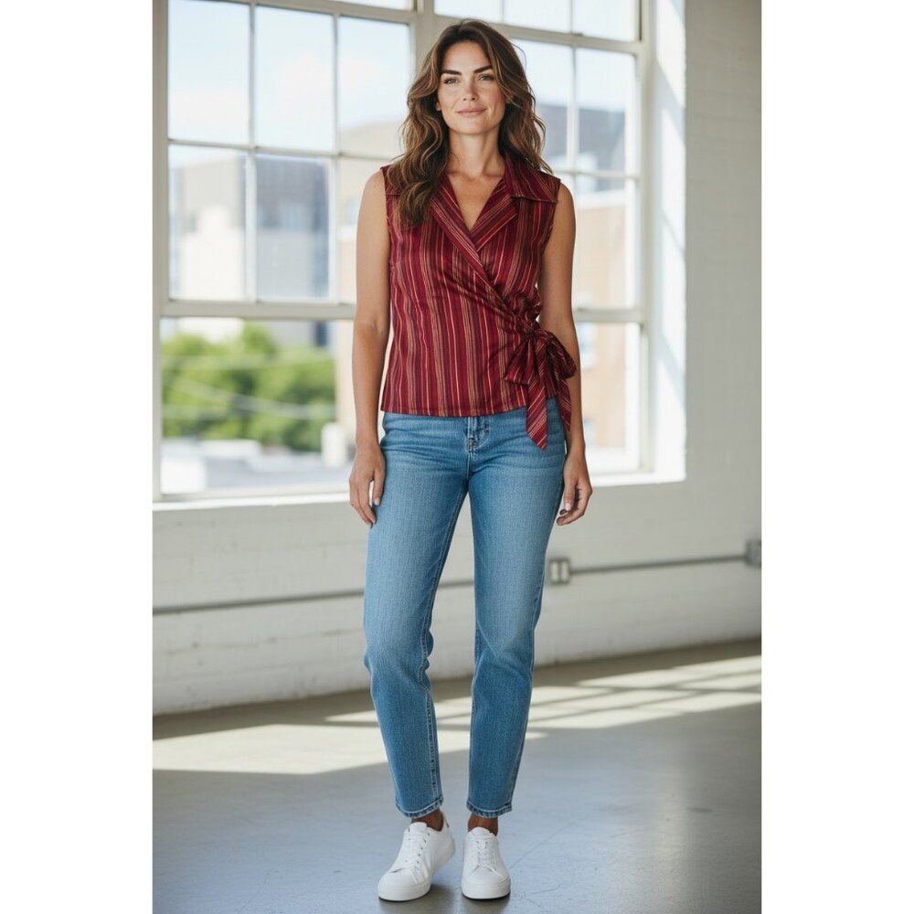 I.C.E. Striped Silk Wrap Top Burgundy Size 8 Y2K Phoebe